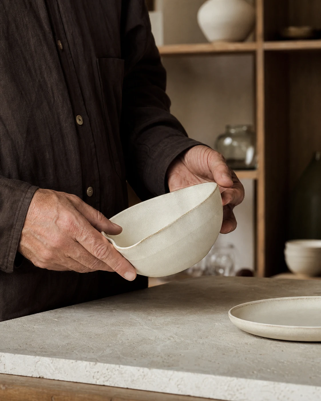 Careful inspection of a ceramic vessel.