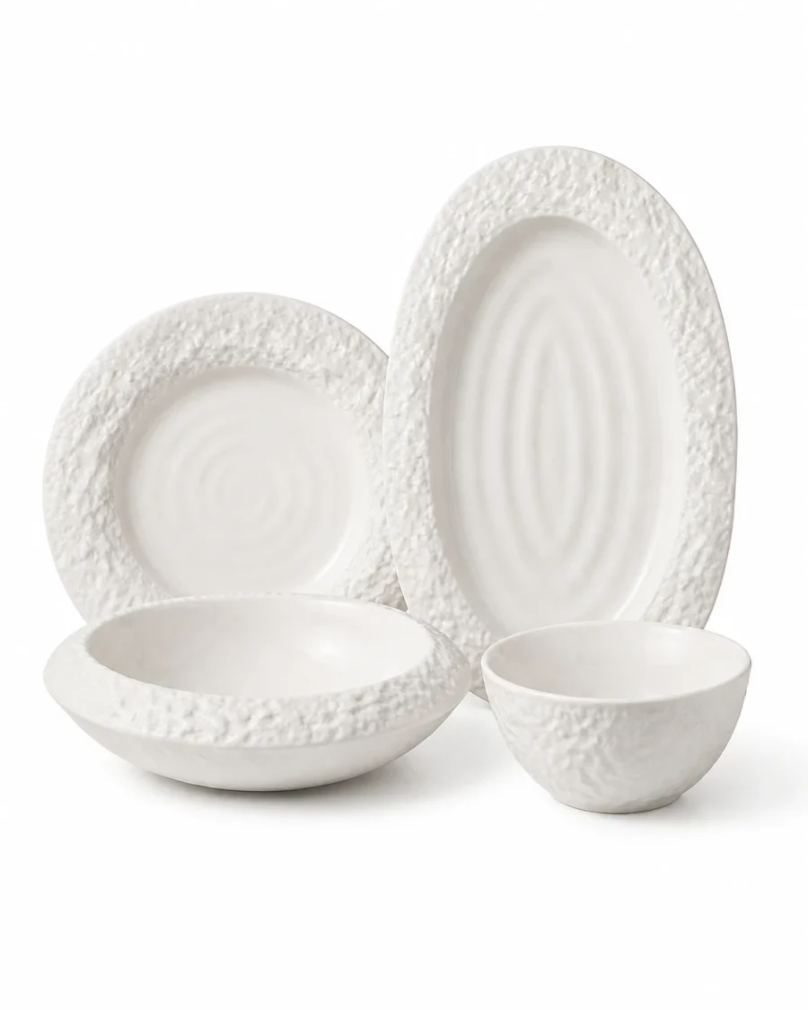 Crater white textured dinnerware collection on a #FEFEFE background