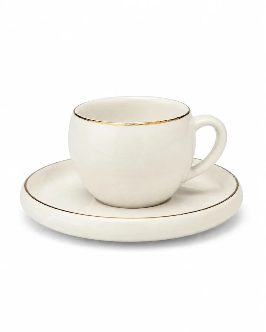 Halo rounded ivory espresso cup and gold rim saucer on a #FEFEFE background