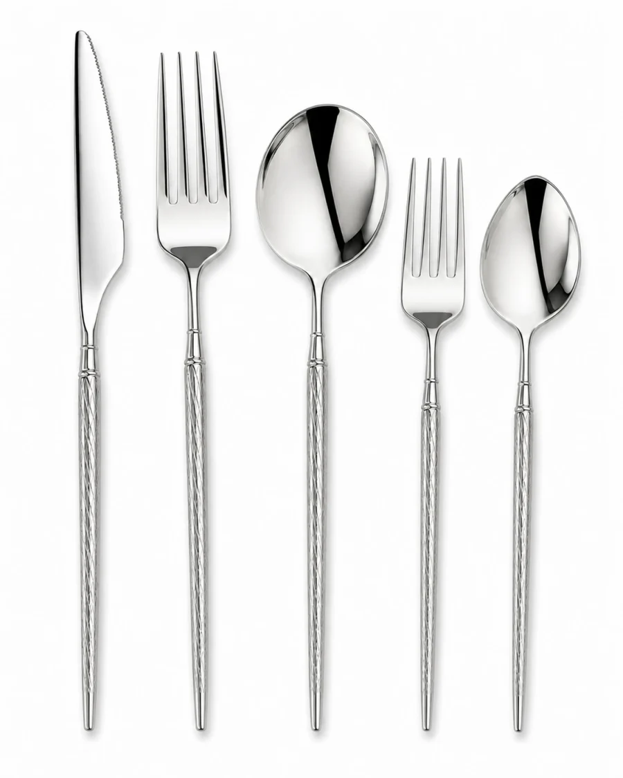 Lattice polished silver five piece flatware set on a #FEFEFE background