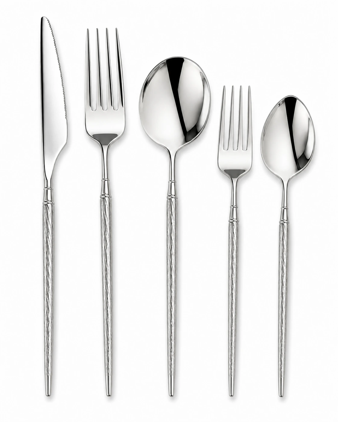 Lattice polished silver five piece flatware set on a #FEFEFE background