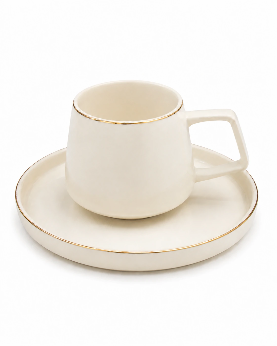 Linea ivory angular handle cup and gold rim saucer on a #FEFEFE background