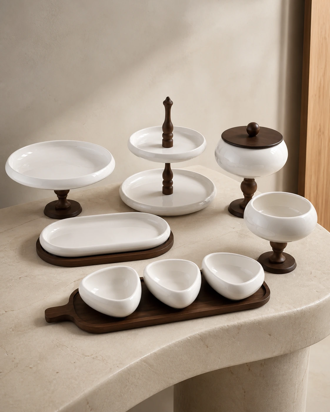 Noyer serveware arranged on a curved neutral console