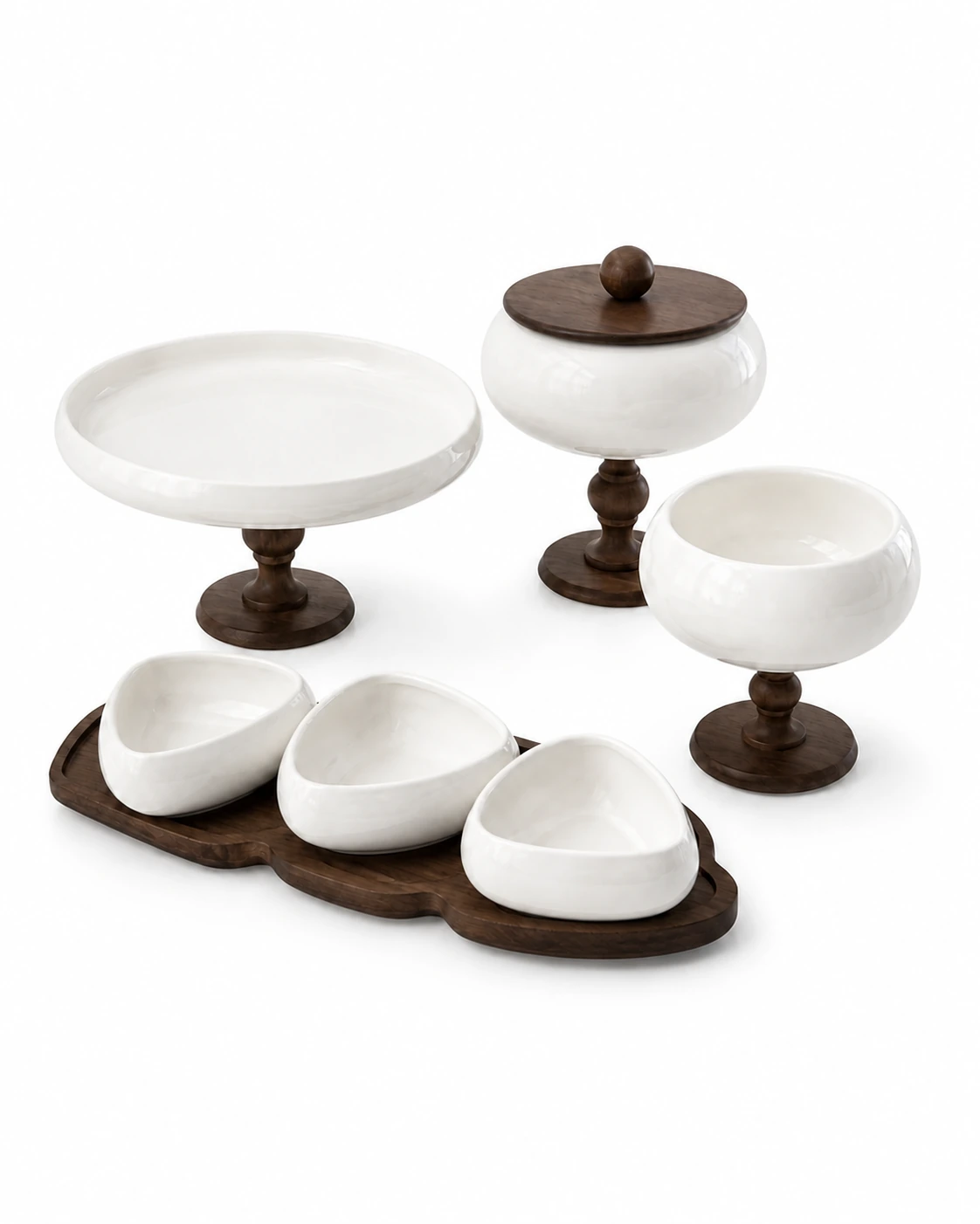 Noyer white ceramic and dark walnut serveware on a #FEFEFE background