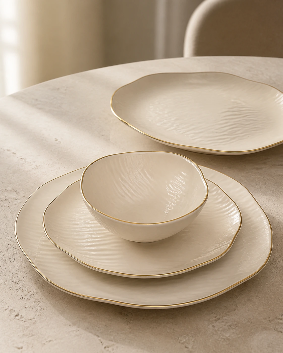 Ondine gold edge dinnerware place setting on pale limestone