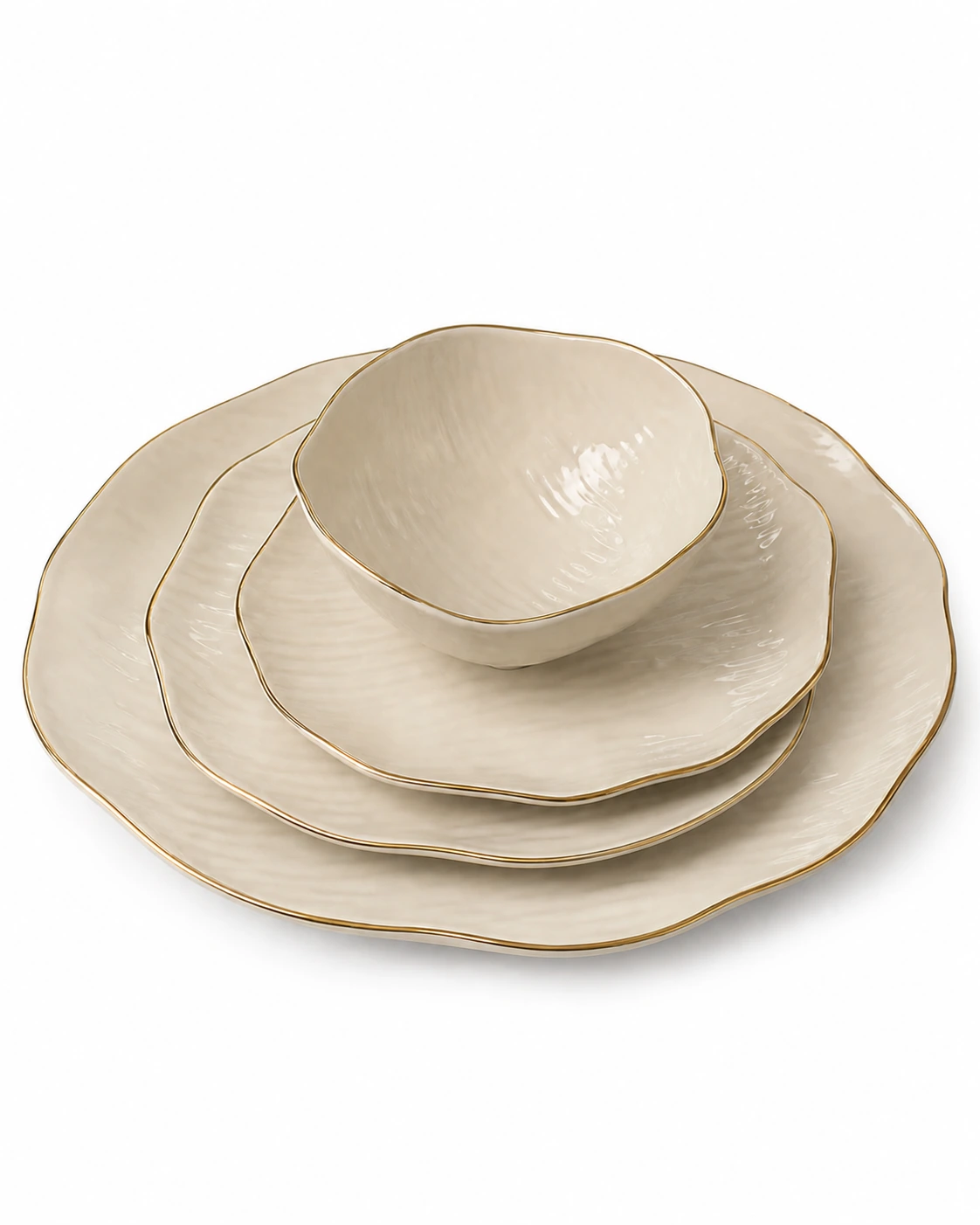 Ondine ivory organic edge dinnerware with fine gold rims on a #FEFEFE background