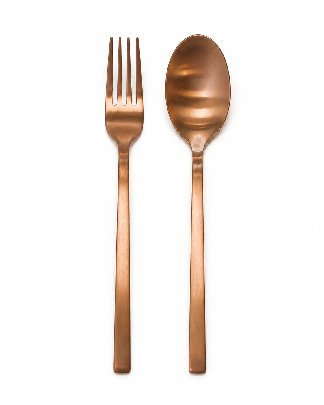 Rose bronze fork and spoon pair on a #FEFEFE background