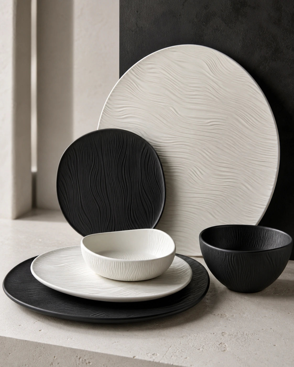 Strata monochrome relief dinnerware in a minimal architectural setting