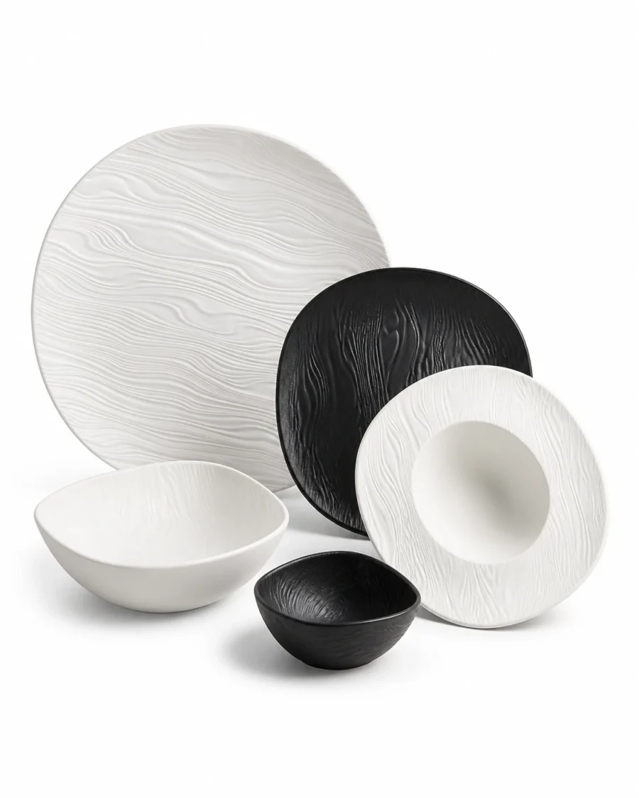 Strata black and white woodgrain relief dinnerware on a #FEFEFE background