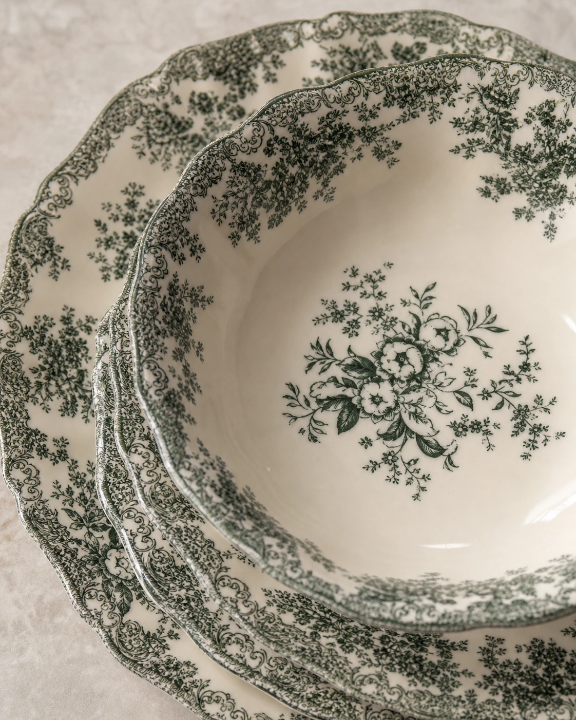 Close view of Verdure forest green pastoral transfer pattern