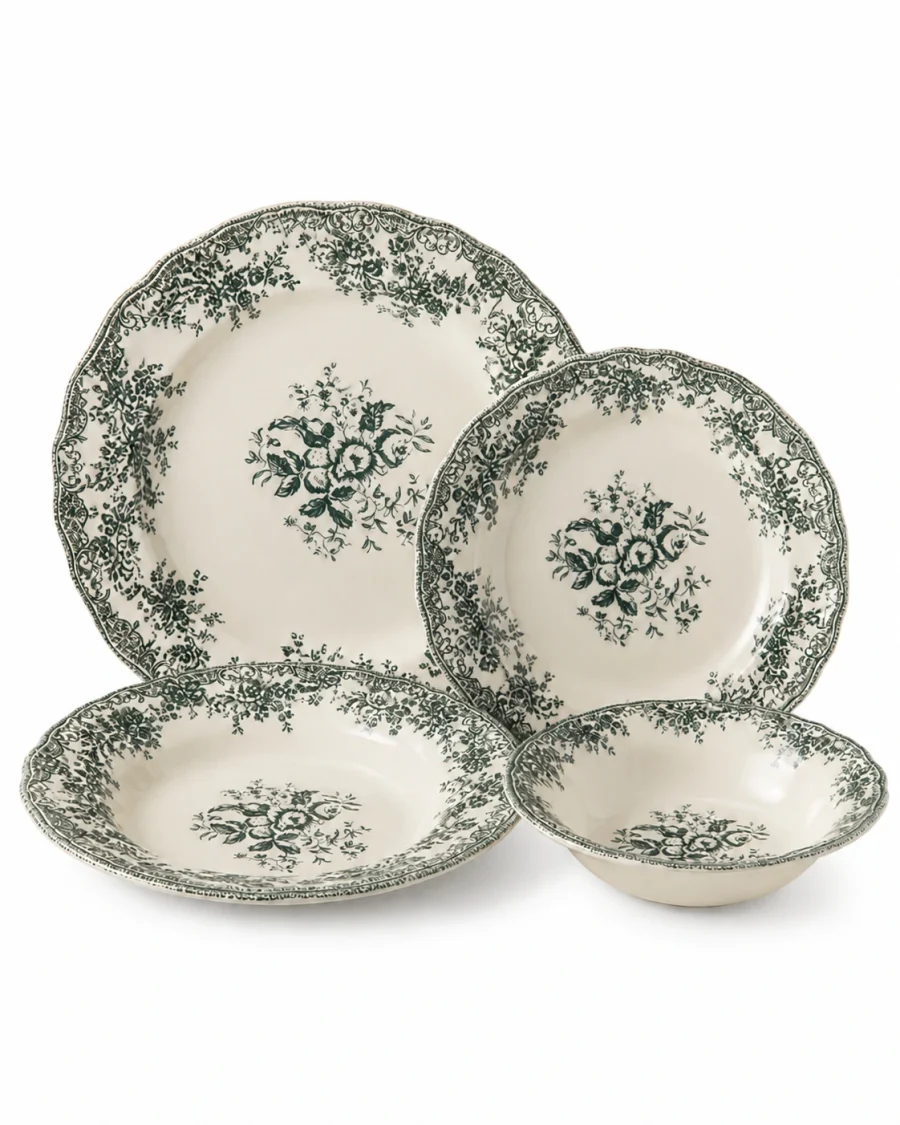Verdure cream and forest green toile dinnerware on a #FEFEFE background