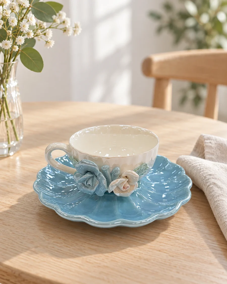 Porcelain cup and saucer with blue and ivory rose details and green leaves in a bright interior