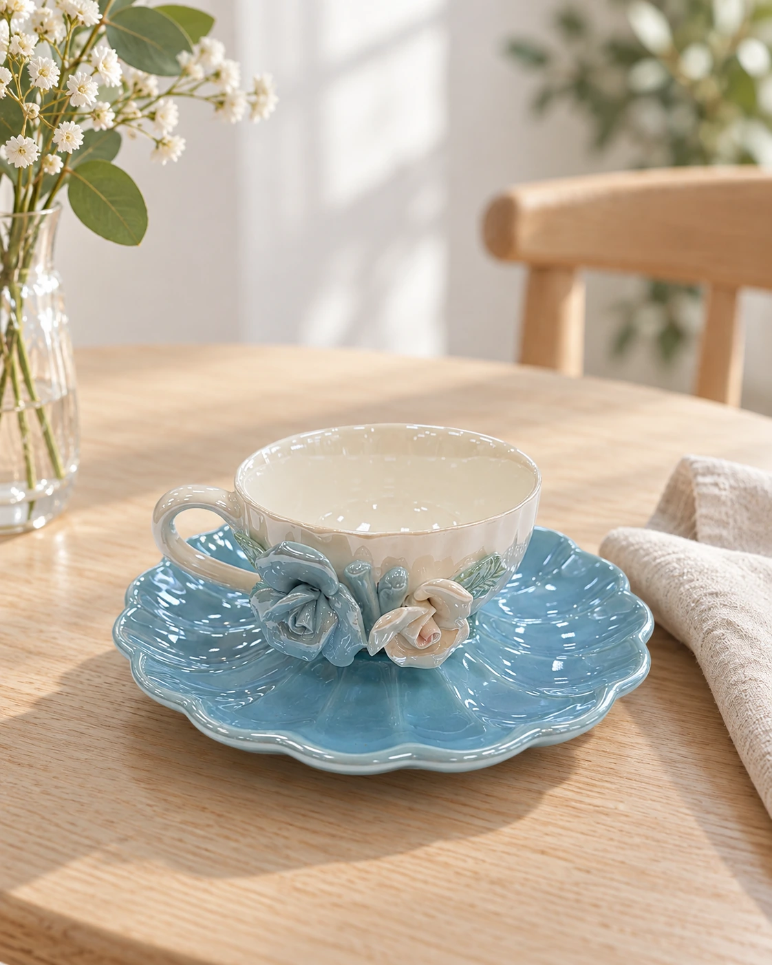 Porcelain cup and saucer with blue and ivory rose details and green leaves in a bright interior