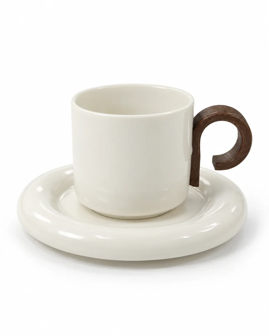 Ivory porcelain cup with a brown handle and matching saucer