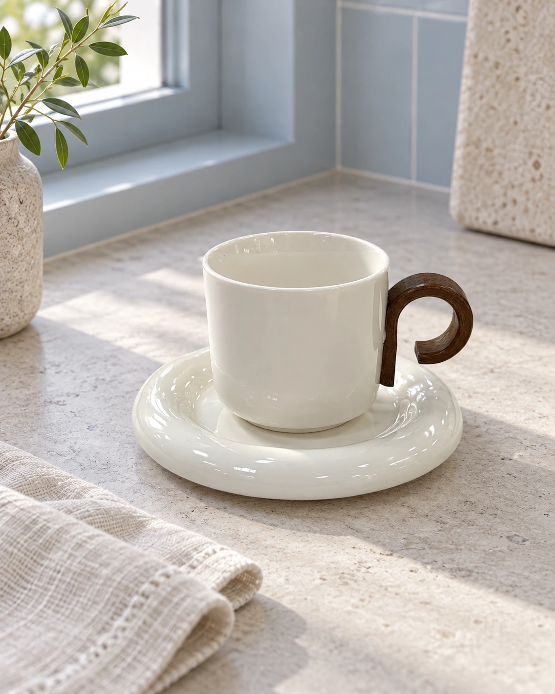 Ivory porcelain cup with a brown handle and matching saucer in a bright interior