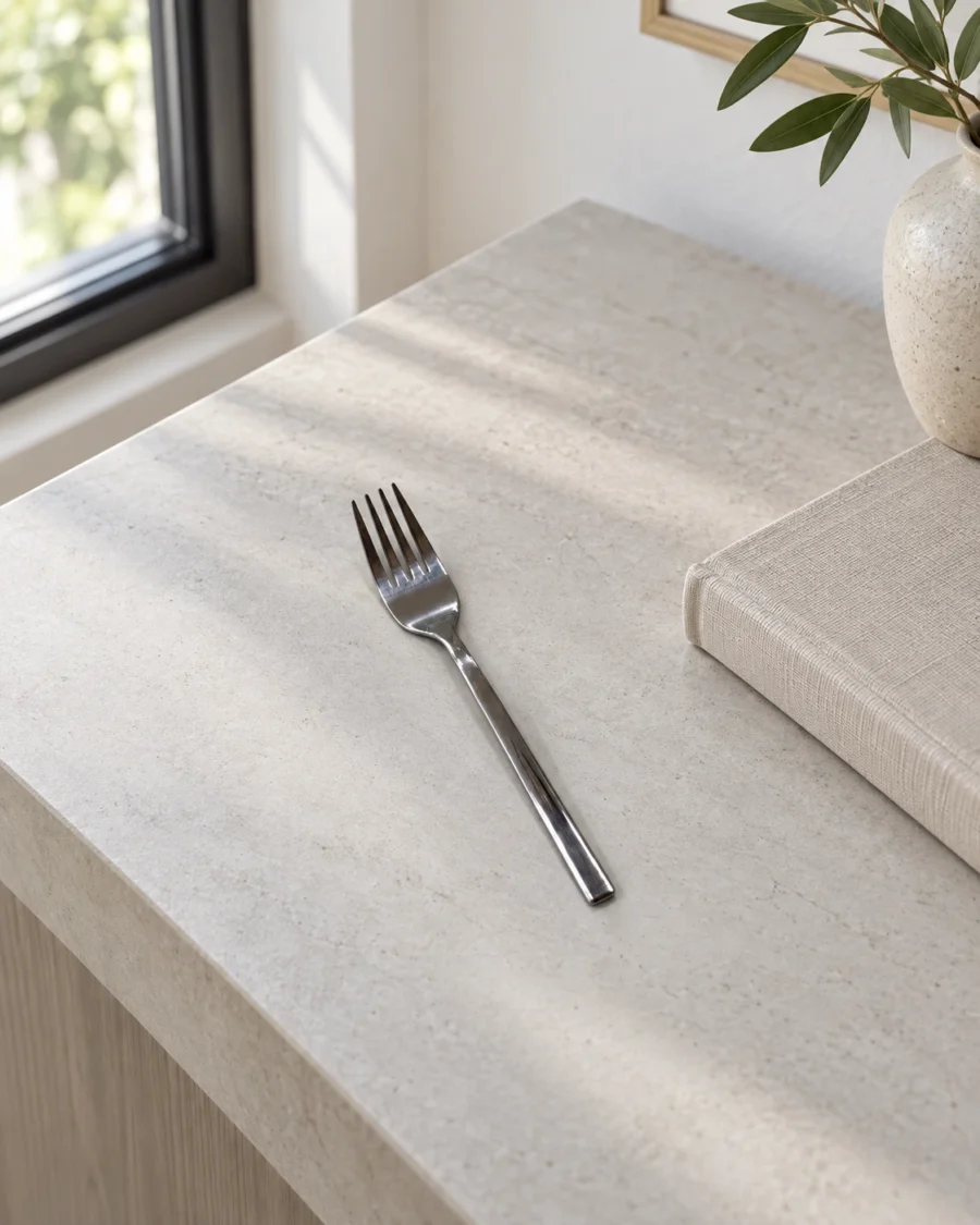 Stainless steel dessert forks with polished handles in a bright interior