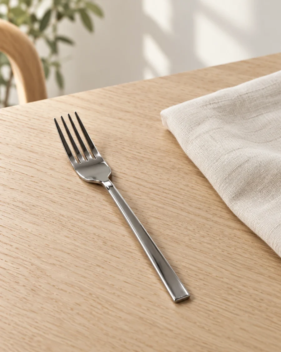 Stainless steel dinner forks with polished handles in a bright interior