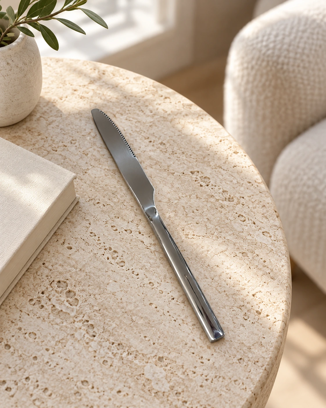 Stainless steel dinner knives with serrated blades in a bright interior