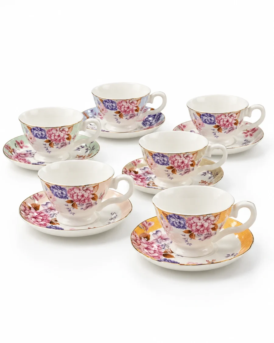 Porcelain cups and saucers with assorted colourful floral patterns