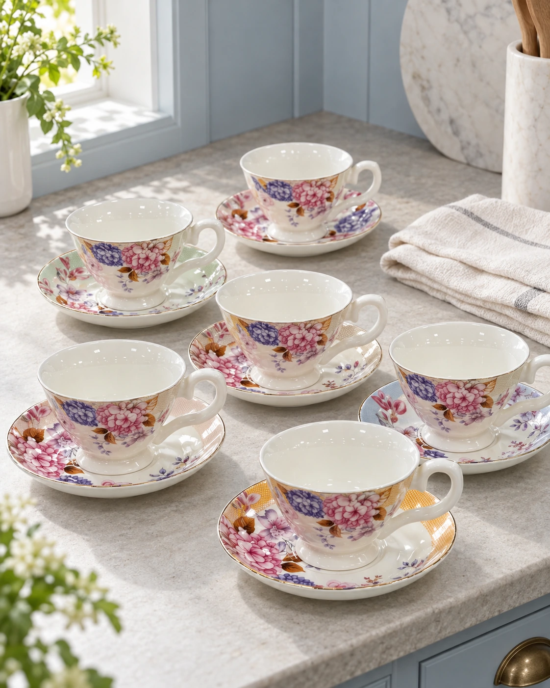Porcelain cups and saucers with assorted colourful floral patterns in a bright interior