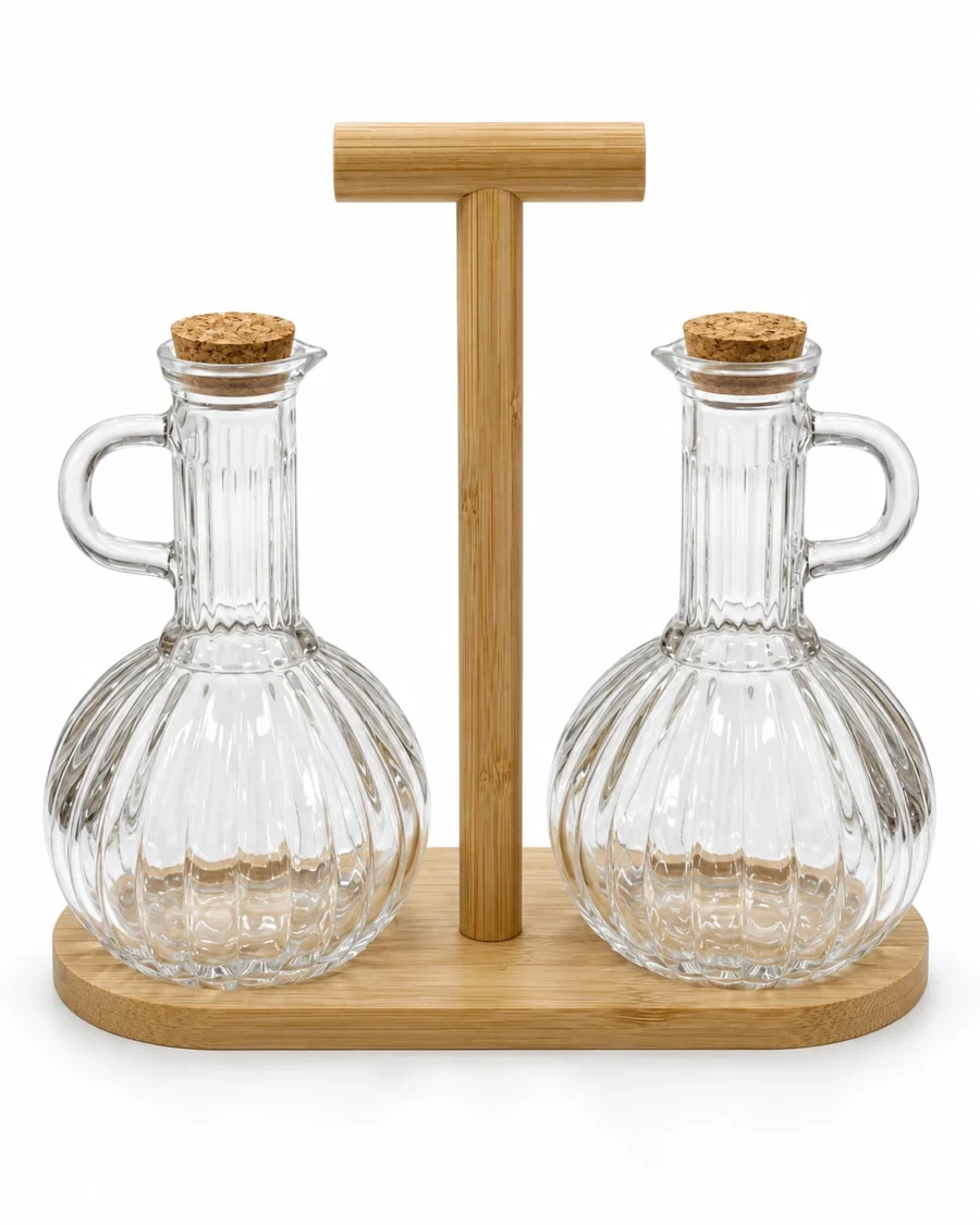 Two fluted glass oil and vinegar bottles with a bamboo carrier