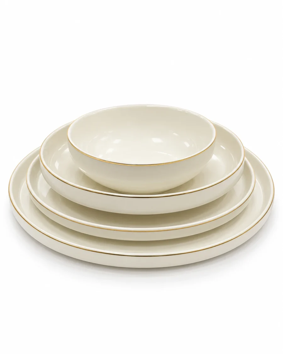 White porcelain dinnerware with gold-coloured rims