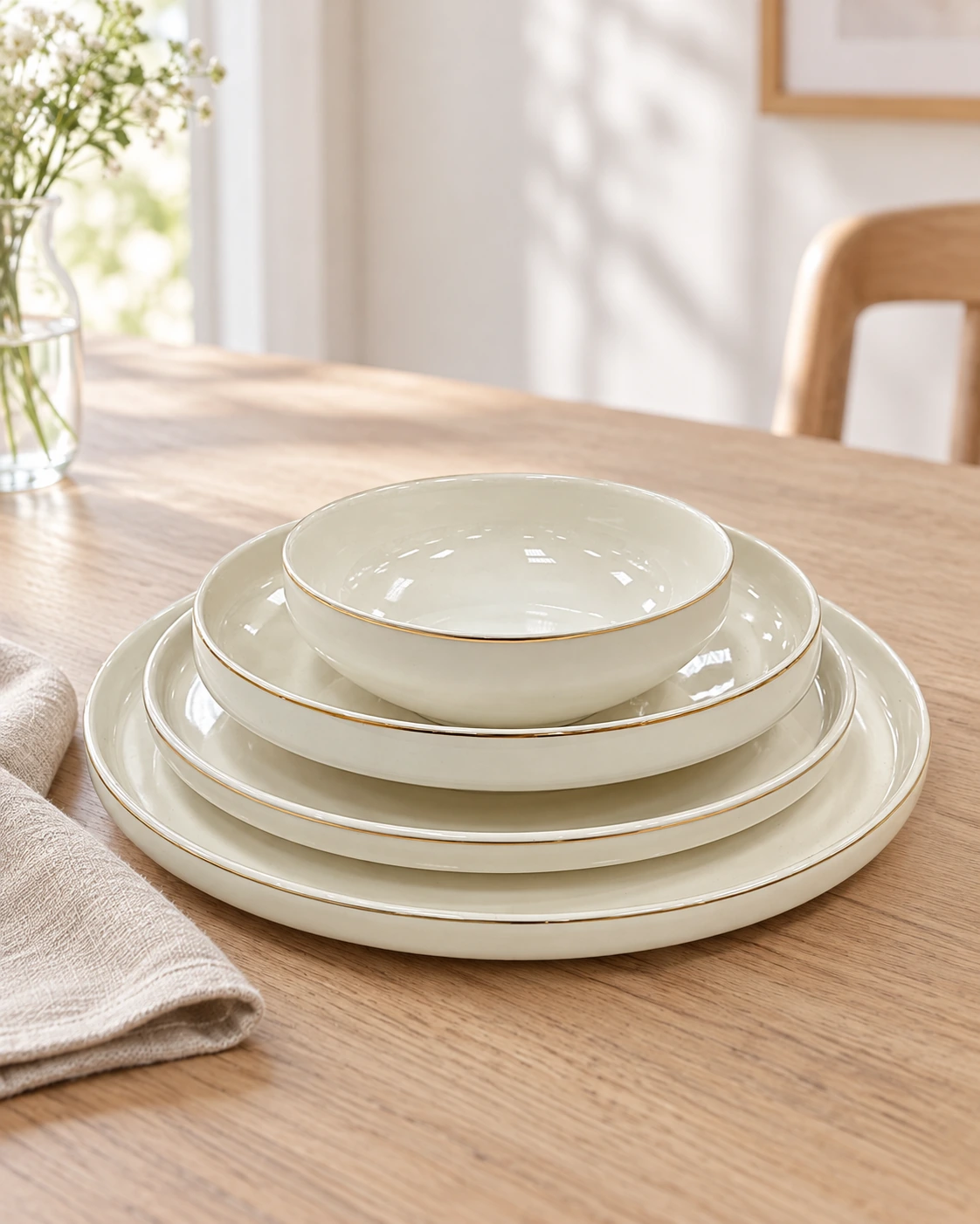 White porcelain dinnerware with gold-coloured rims in a bright interior