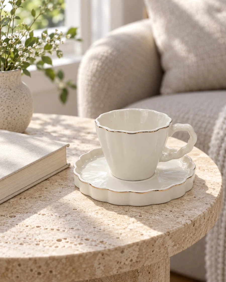 White porcelain cup and saucer with scalloped edges and gold-coloured trim in a bright interior