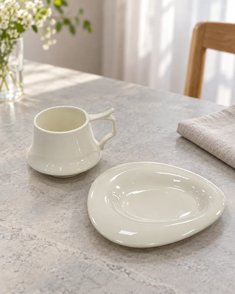 Ivory porcelain cup with an angular handle and matching shaped saucer in a bright interior