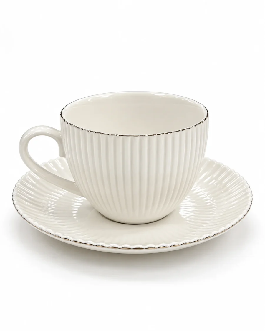 Ivory porcelain cup and saucer with fluted details