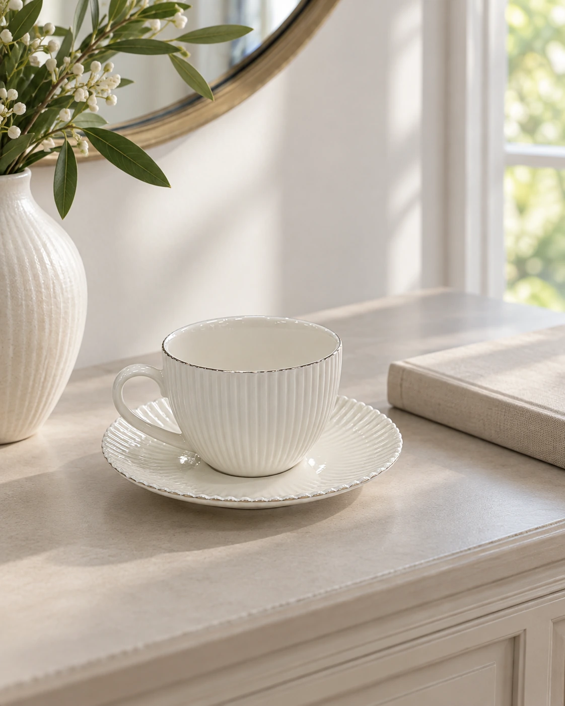 Ivory porcelain cup and saucer with fluted details in a bright interior