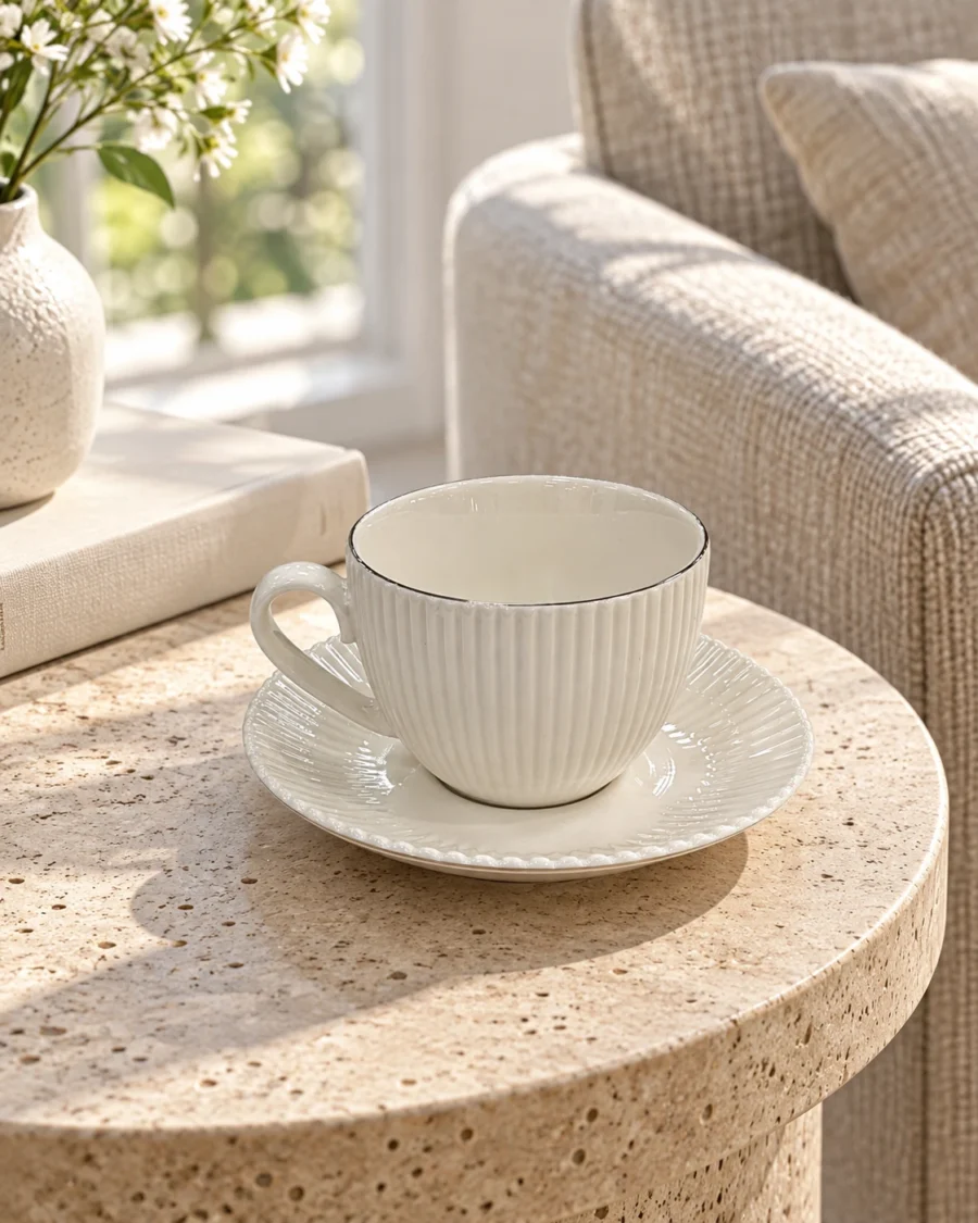Large ivory porcelain cup and saucer with fluted details in a bright interior