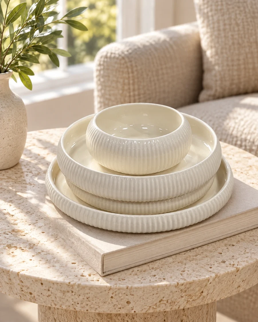 Ivory porcelain dinnerware with fluted edges in a bright interior