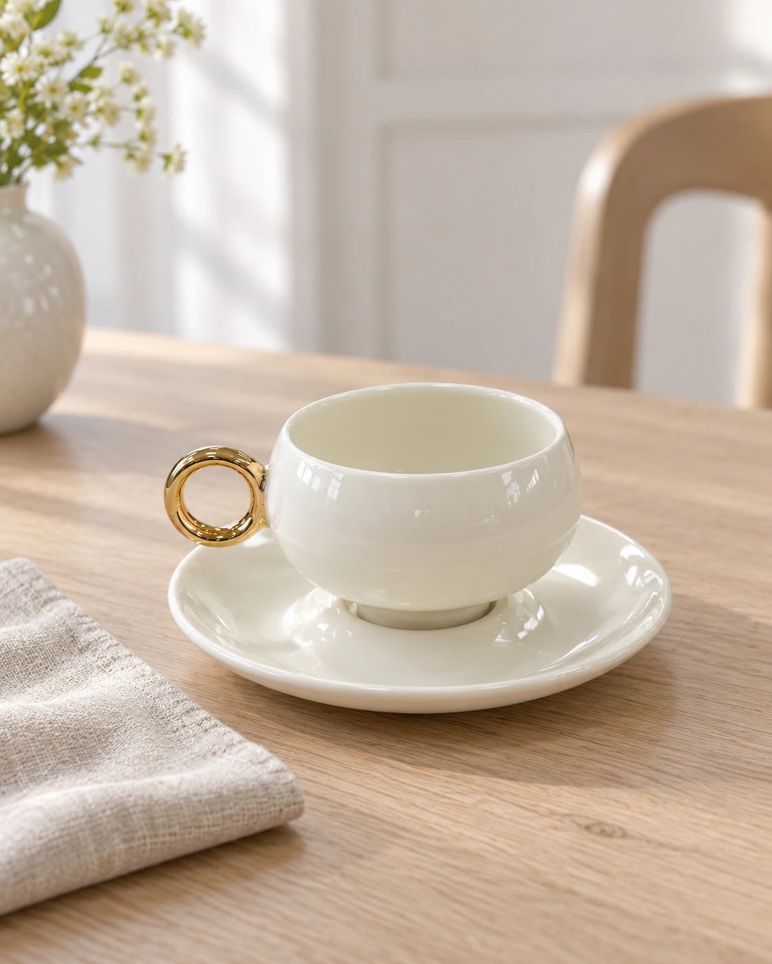 Ivory porcelain cup and saucer with a gold-coloured ring handle in a bright interior