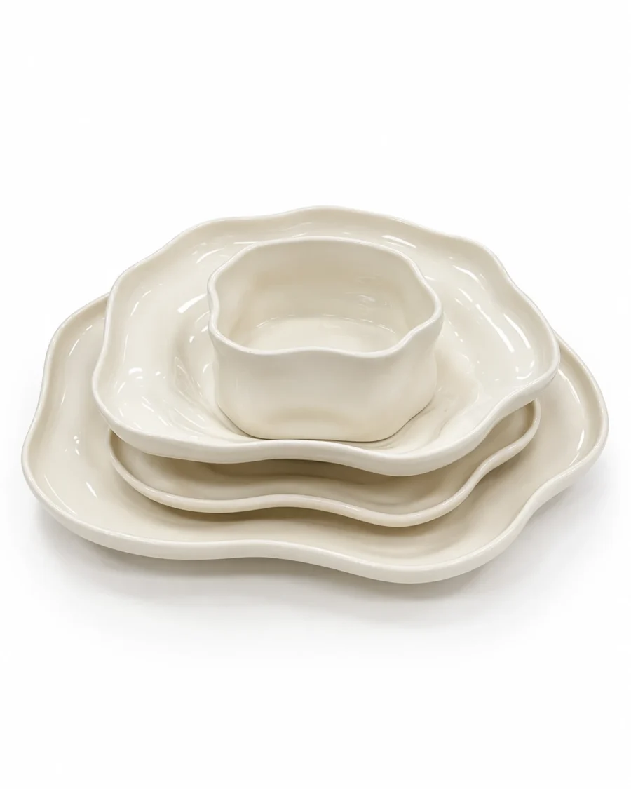 Ivory porcelain dinnerware with a wave-shaped edge