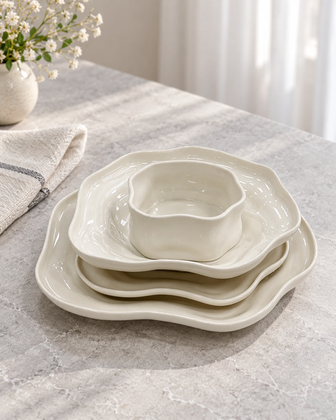 Ivory porcelain dinnerware with a wave-shaped edge in a bright interior
