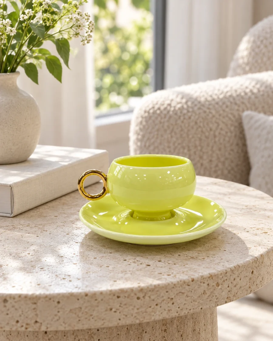 Lime porcelain cup and saucer with a gold-coloured ring handle in a bright interior