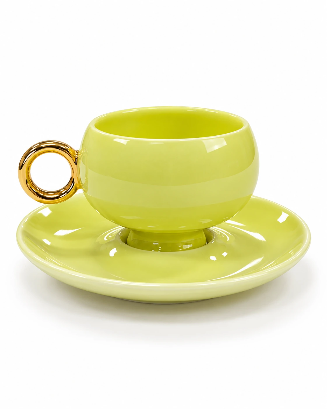 Lime porcelain cup and saucer with a gold-coloured ring handle
