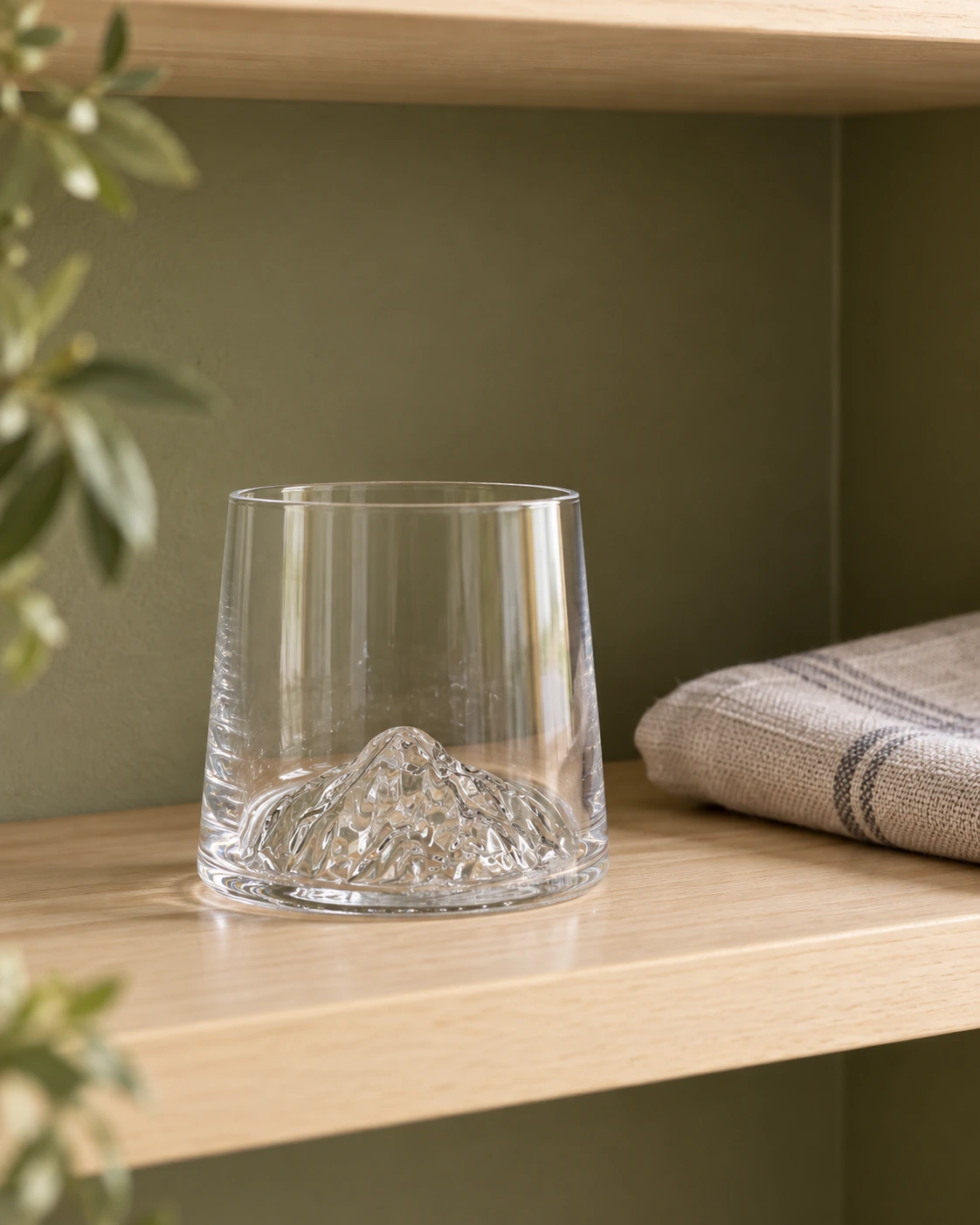 Clear glass tumbler with a raised mountain-shaped base in a bright interior