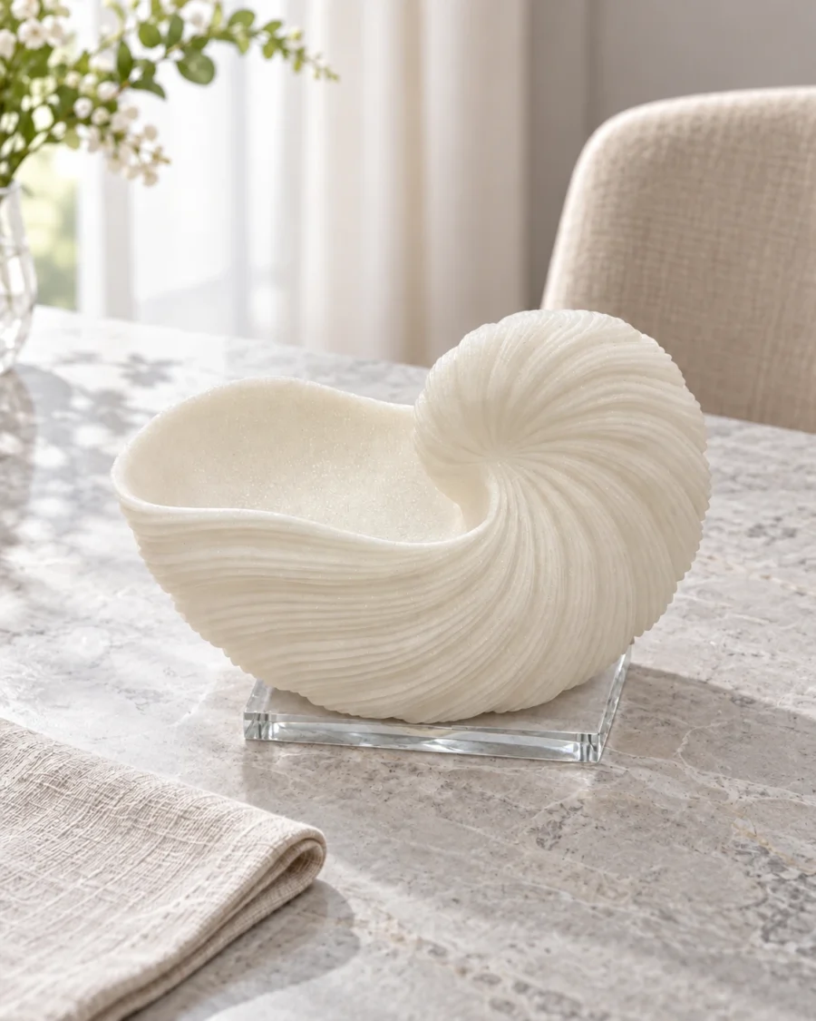 Ivory ribbed nautilus shell decoration on its attached clear rectangular glass base on a bright stone table