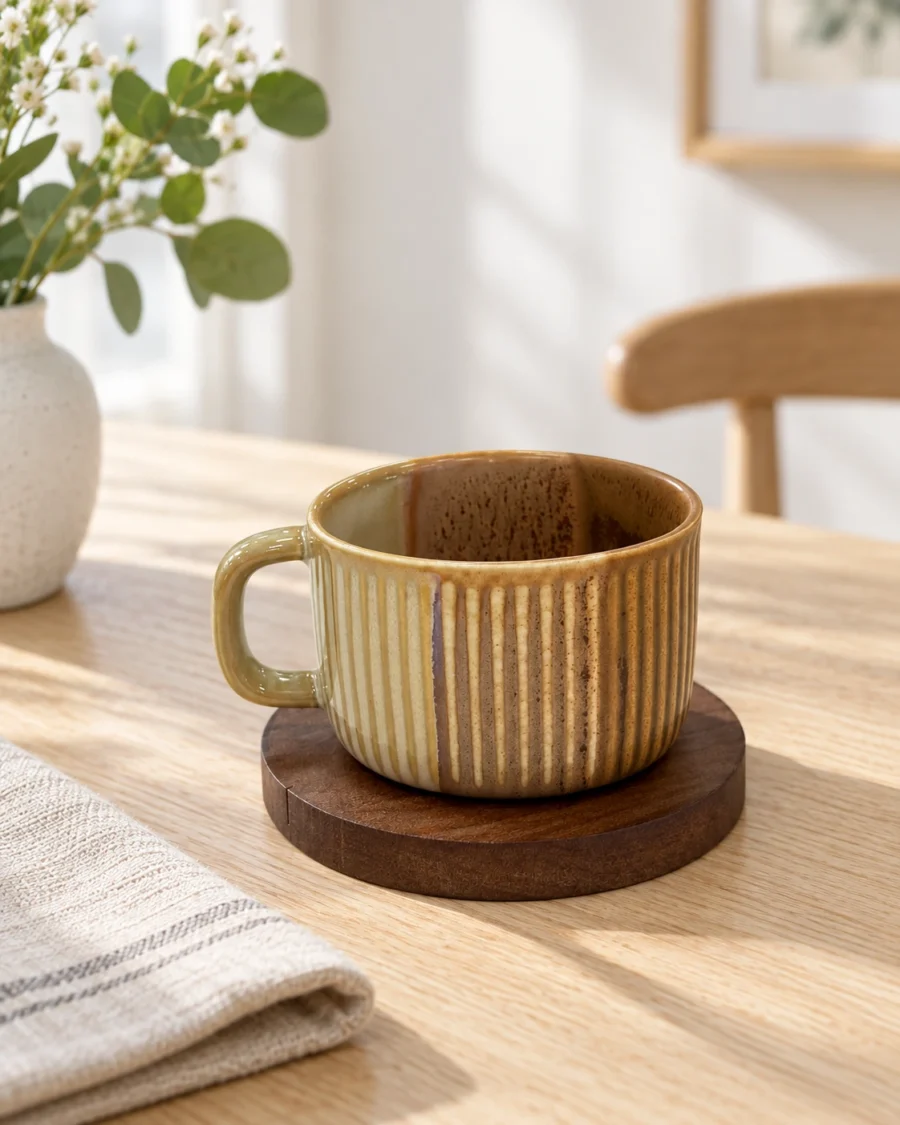 Ribbed ochre porcelain cup with a bamboo saucer in a bright interior