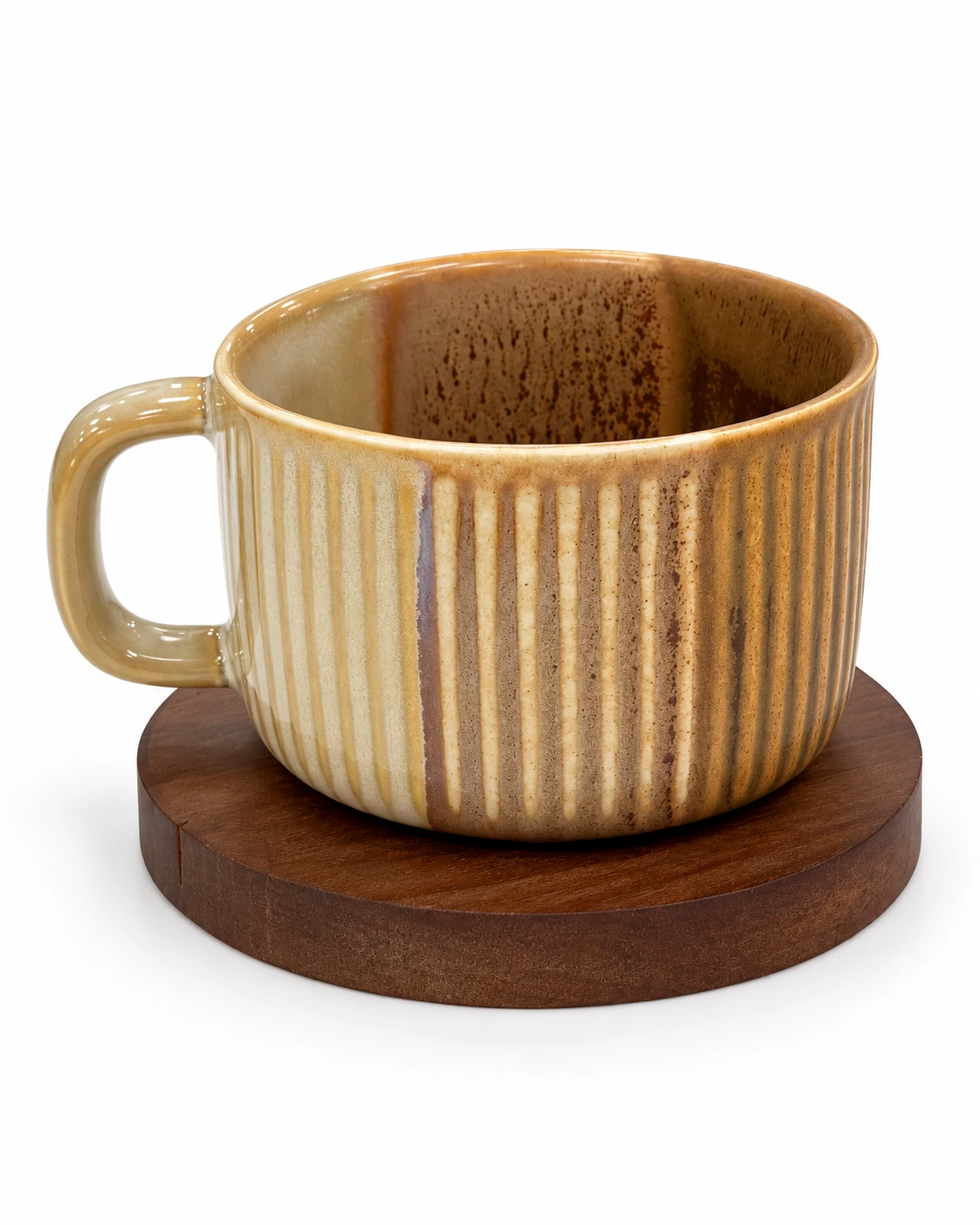 Ribbed ochre porcelain cup with a bamboo saucer