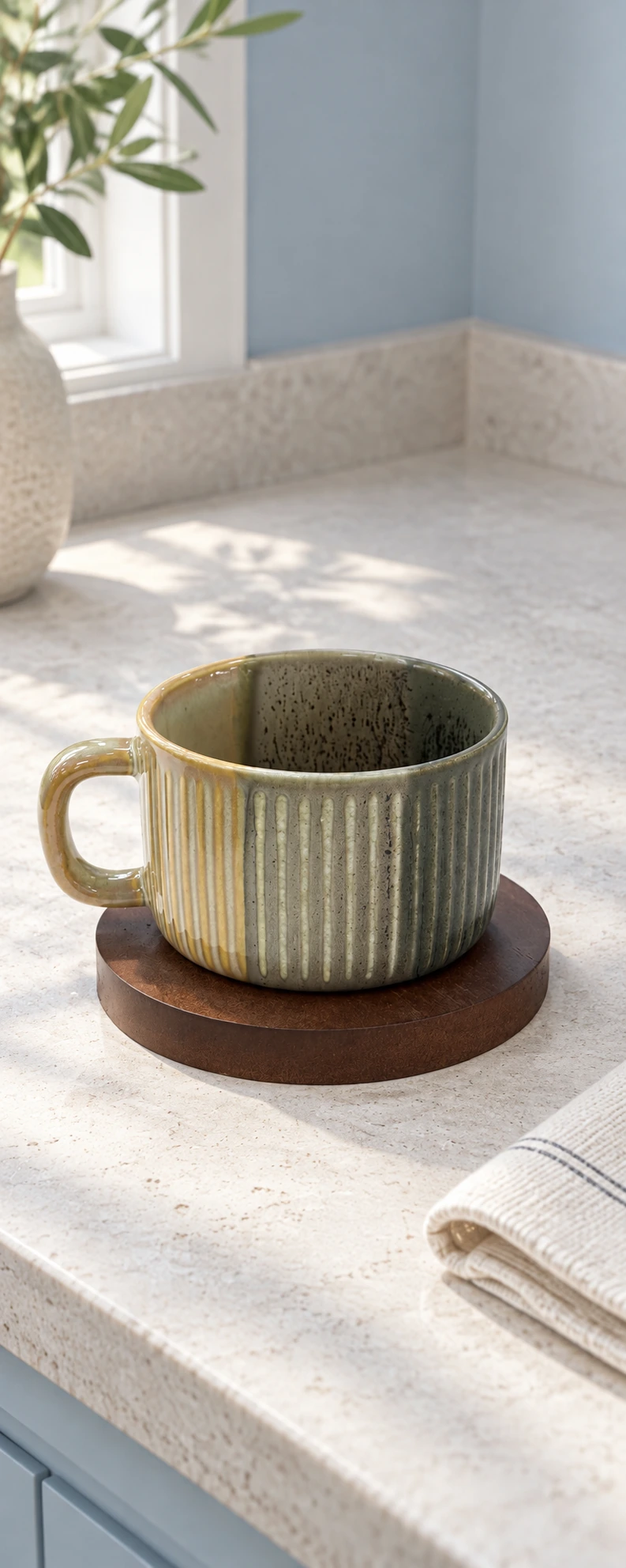 Ribbed olive porcelain cup with a bamboo saucer in a bright interior