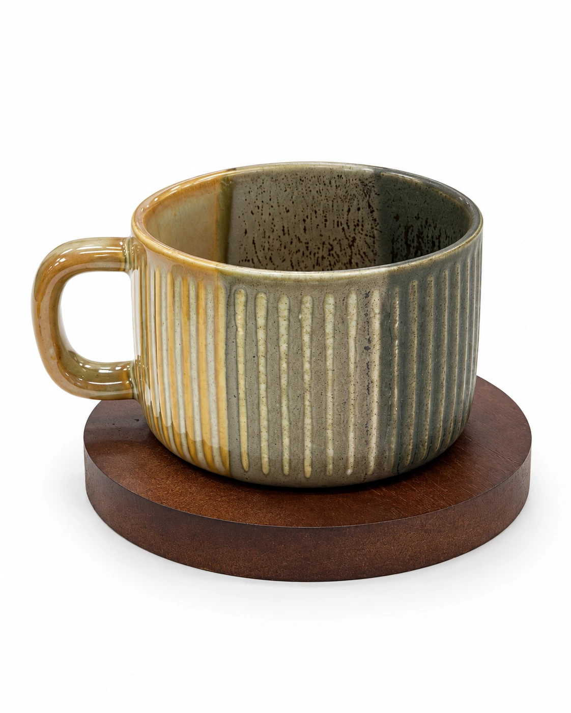 Ribbed olive porcelain cup with a bamboo saucer