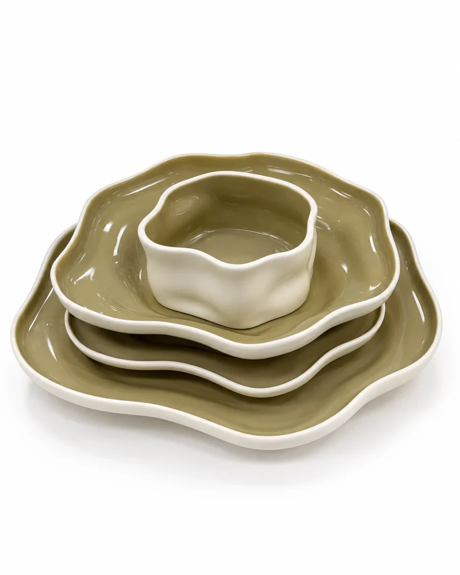 Olive porcelain dinnerware with a wave-shaped edge