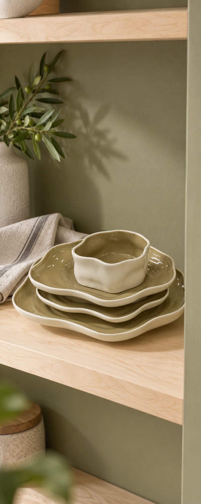 Olive porcelain dinnerware with a wave-shaped edge in a bright interior