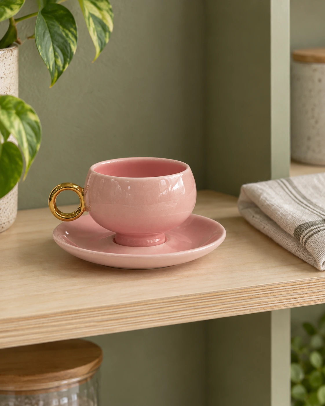 Pink porcelain cup and saucer with a gold-coloured ring handle in a bright interior