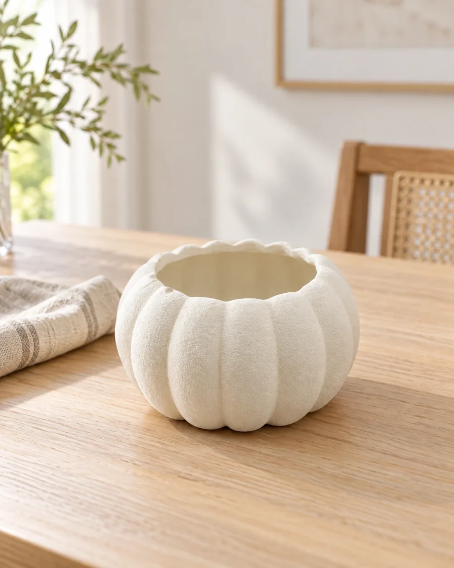Large ceramic vase with a ribbed surface in a bright interior