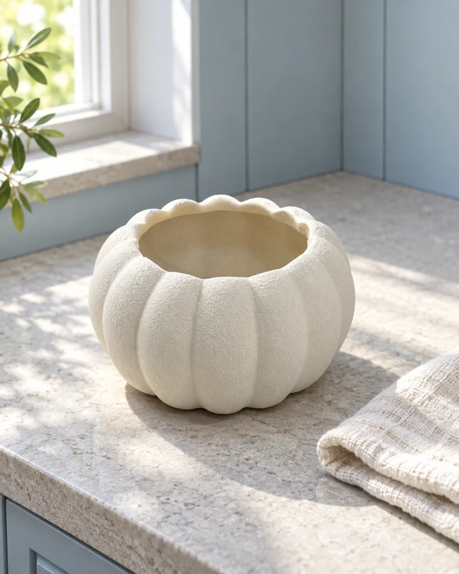 Ceramic vase with a ribbed surface in a bright interior
