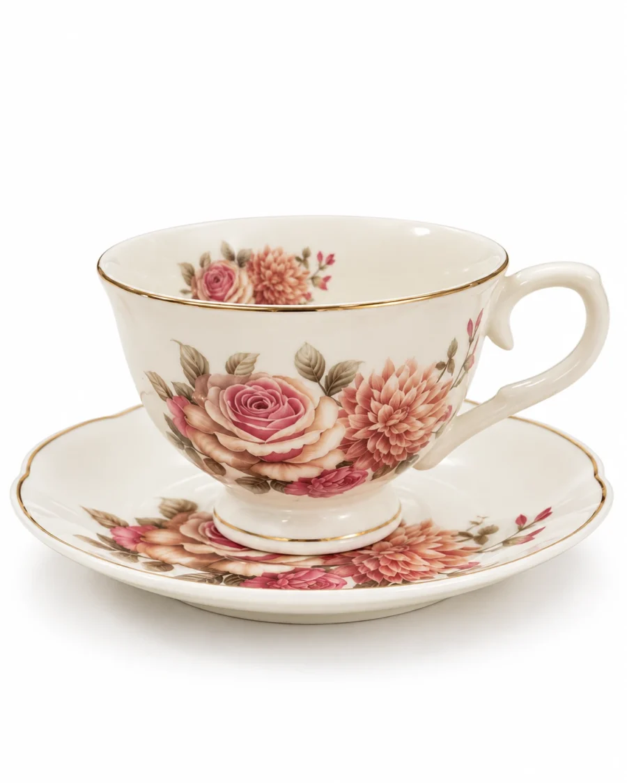 Porcelain cup and saucer with a floral pattern and gold-coloured rims